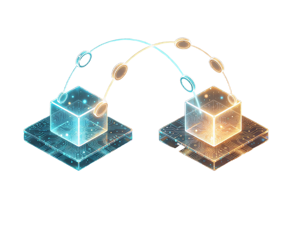 To isometriske glasplatforme i cyan og rav forbundet af lysbuer med m&oslash;nter, der viser intern swap mellem kryptovalutaer hos Winna