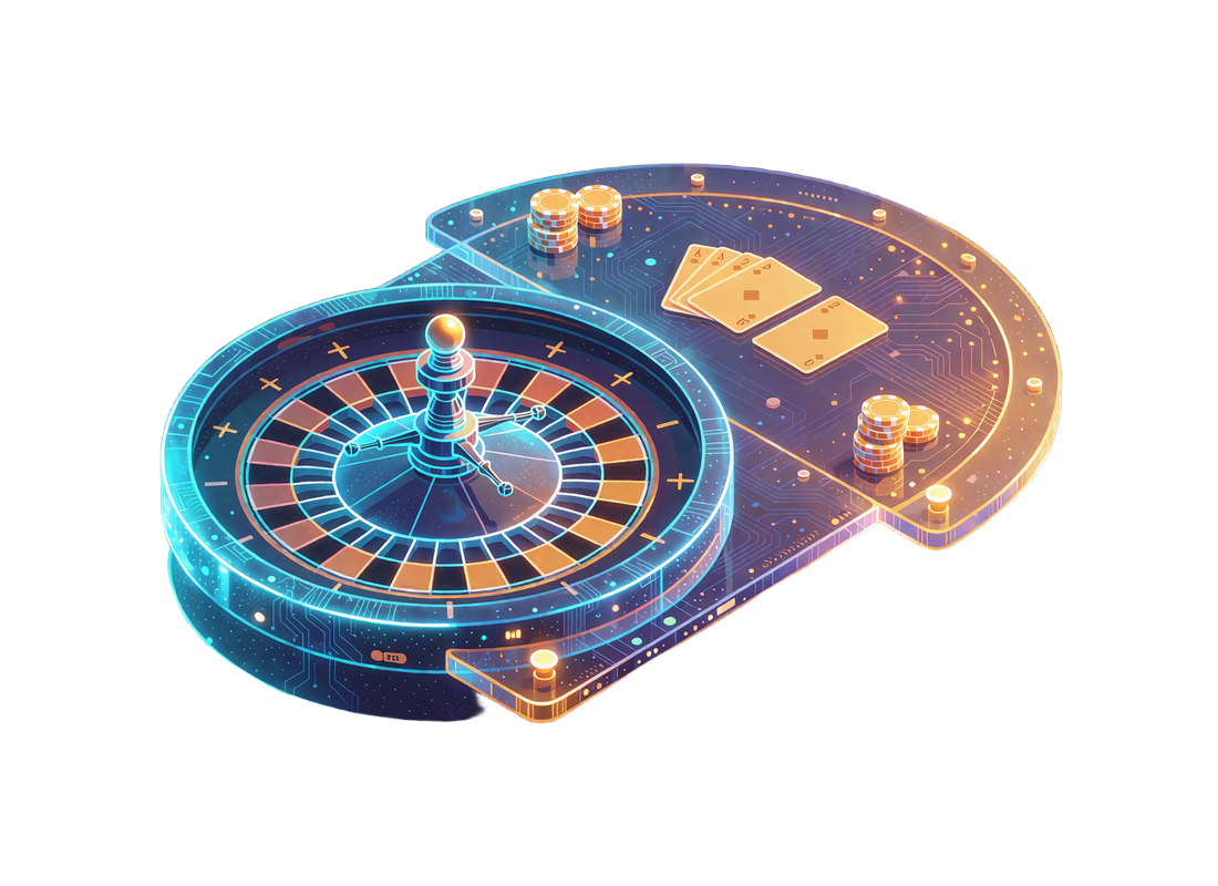 Isometrisk neonillustration af et roulettehjul og et kortbord p&aring; en glasplade som eksempel p&aring; live casino med Evolution